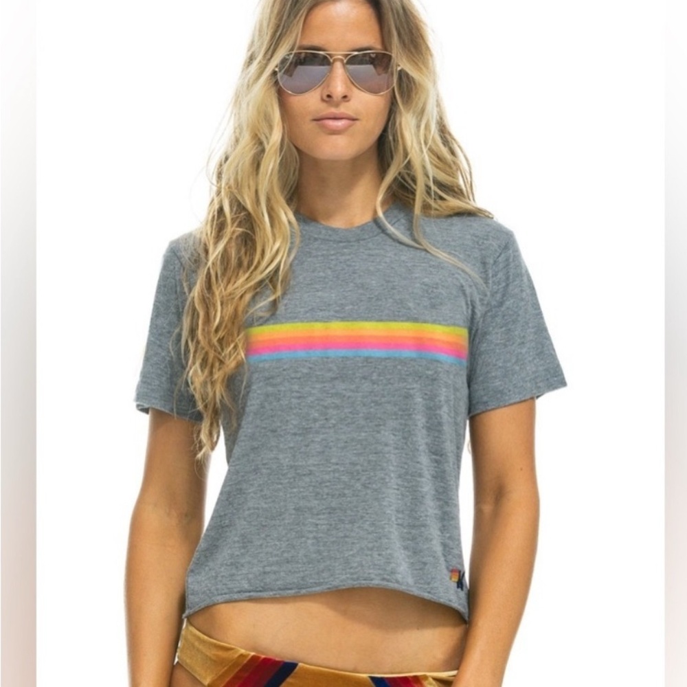 Aviator Nation Gray Tee with Rainbow Stripe